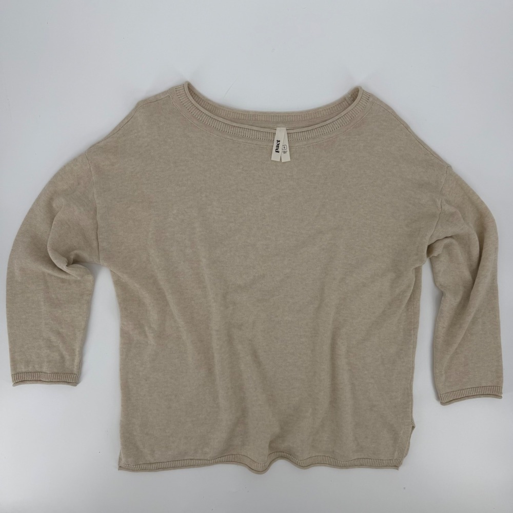 Pact Organic Cotton Sweater Tan Beige Boat Neck 3/4 Sleeve Drop Shoulder Small